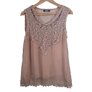 Giulia 100% Silk Blush Pink Sleeveless Blouse Size Large Layered Lace Italy